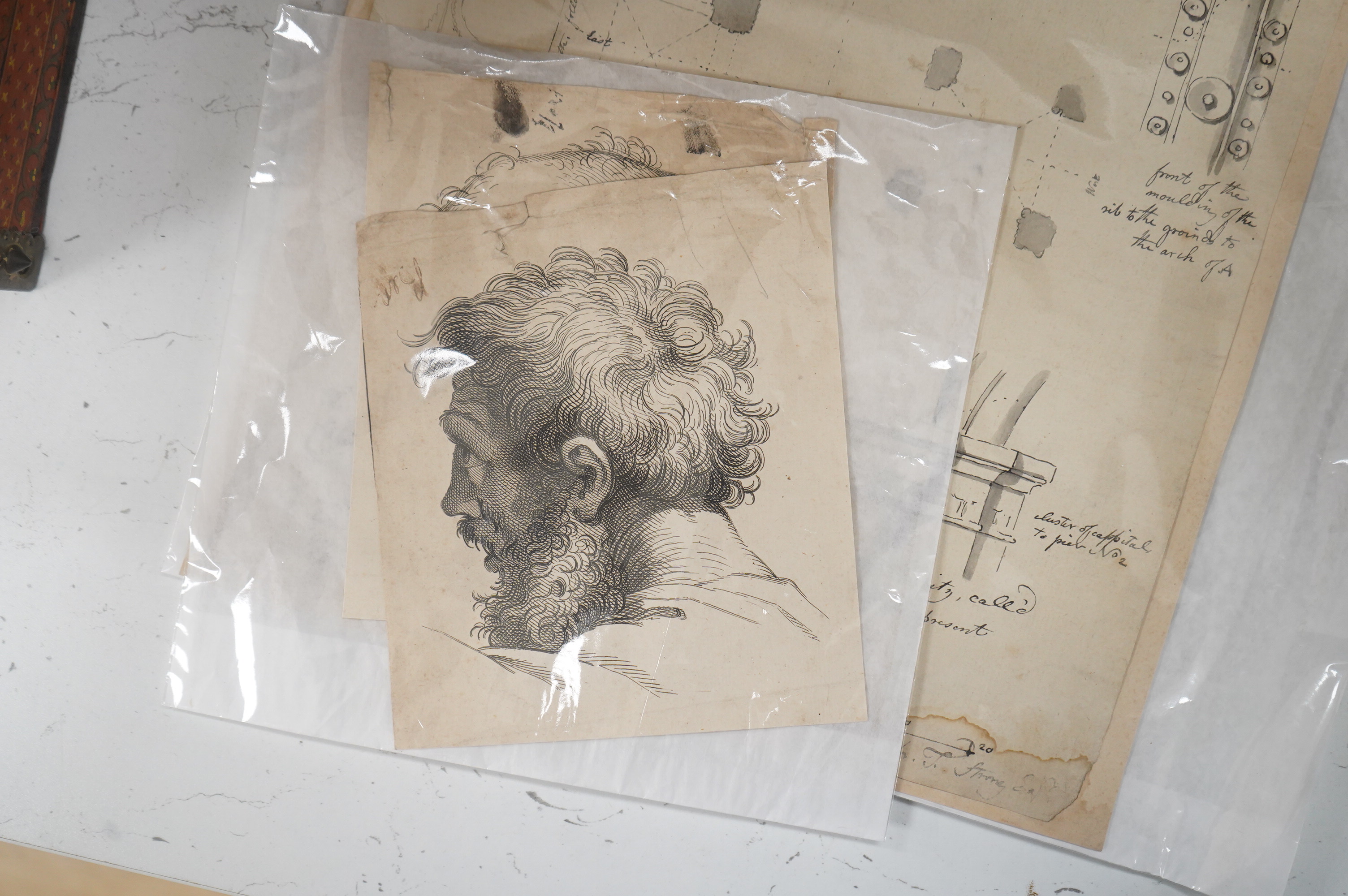 18th century, Italian Old Master, Study of a bearded gentleman, ink sepia study on buff paper, together with four engravings to include Public Execution Scene in Tonkin and an architectural example, unframed